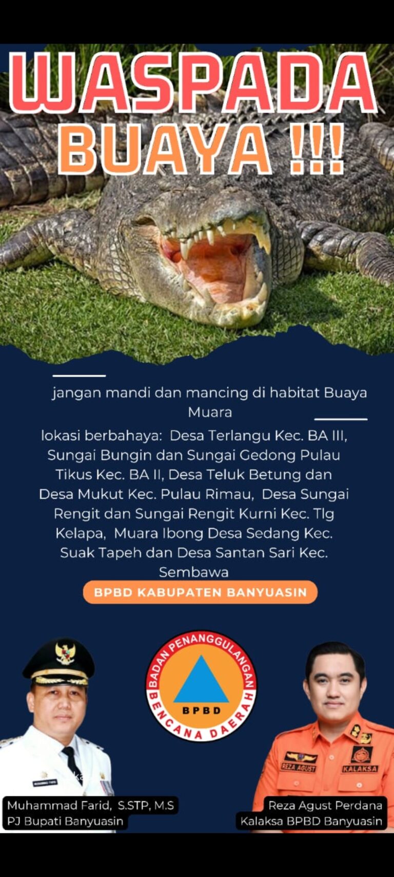 BPBD Banyuasin Imbau Warga Jauhi Sungai, Sejumlah Lokasi Jadi Sarang Buaya Muara