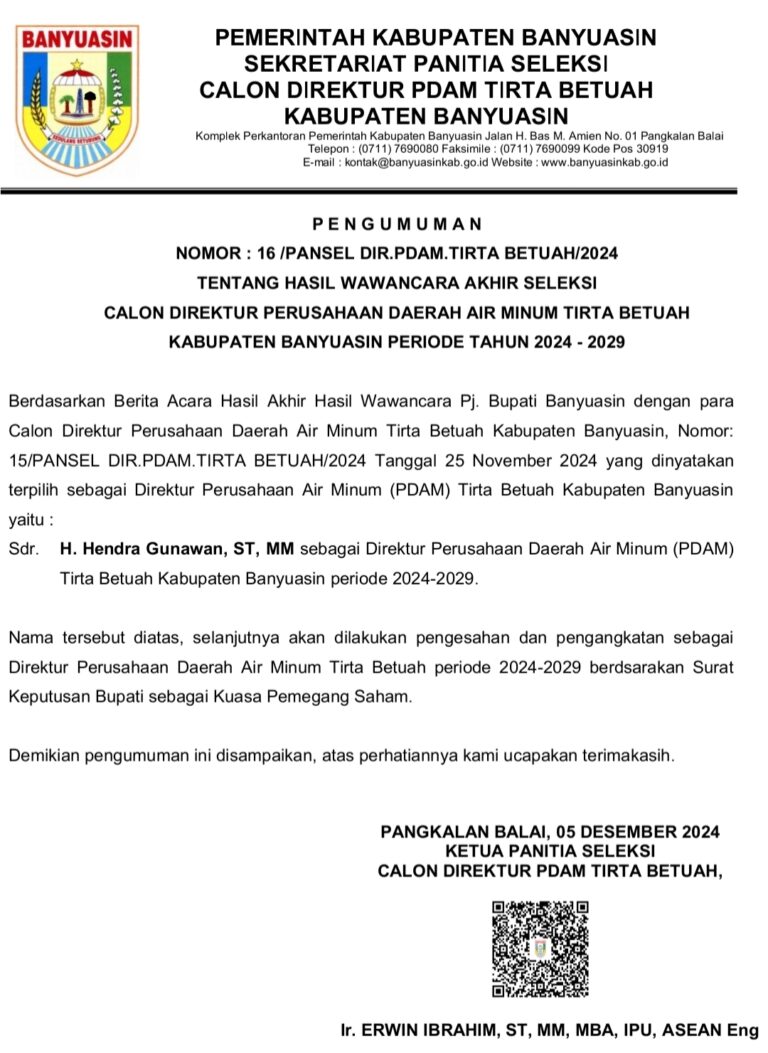 PENGUMUMAN HASIL AKHIR DIRUT PDAM TIRTA BETUAH BANYUASIN